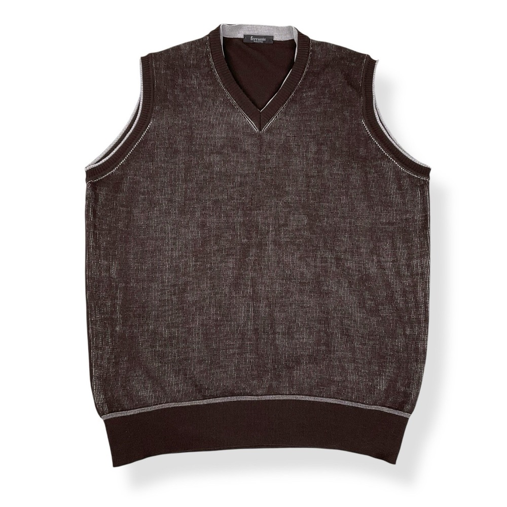 Ferrante Vest Men 54 EU (XXL US) Dark Brown Merino Wool‎ Sweater V Neck EUC